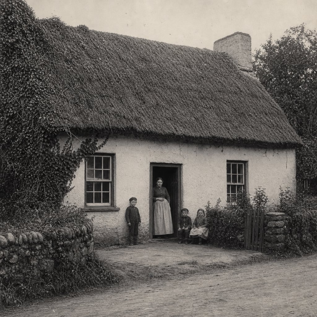 A woman and three children at the door of a thatched, ivy-covered cottage