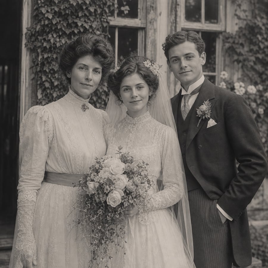 A bride with a bouquet between her mother and the groom outside an ivy-framed window